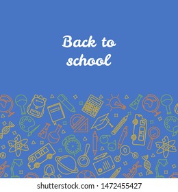 Back to school banner with outline colorful icons, symbolizing learning, study, education. Vector Illustration