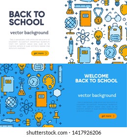Back to school banner with outline icons of school supplies. Welcome back to school brochure. Colorful yellow and blue banner. Learning and education. Vector illustration, eps 10.