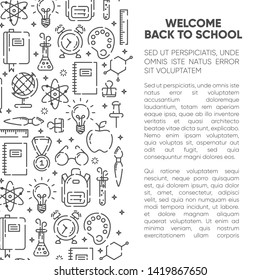 Back to school banner with outline icons of school supplies. Welcome back to school brochure. Thin line icons banner. Learning and education. Vector illustration, eps 10.