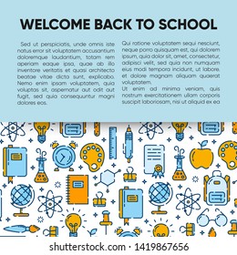 Back to school banner with outline icons of school supplies. Welcome back to school brochure. Colorful yellow and blue banner. Learning and education. Vector illustration, eps 10.