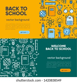 Back to school banner with outline icons of school supplies. Welcome back to school brochure. Green chalkboard background. Learning and education. Vector illustration, eps 10.