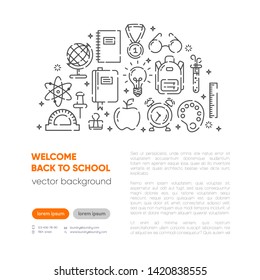 Back to school banner with outline icons of school supplies. Welcome back to school brochure. Thin line icons banner. Learning and education. Vector illustration, eps 10.