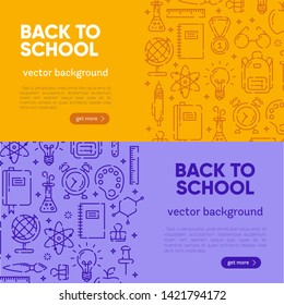 Back to school banner with outline icons of school supplies. Welcome back to school brochure. Colorful yellow and violet banner. Learning and education. Vector illustration, eps 10.