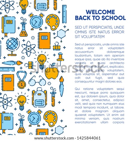 Back to school banner with outline icons of school supplies. Welcome back to school brochure. Colorful yellow and blue banner. Learning and education. Vector illustration, eps 10.