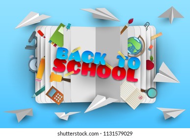 Back to school banner in paper cut cartoon trendy craft style. Modern origami teaching, education and learning symbol design. Concept background with open book. Vector illustration.