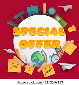 Back to school banner in paper cut cartoon trendy craft style. Modern origami teaching and learning symbol design. Concept background with education equipment. Vector illustration.