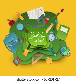 Back to school banner. Paper cut cartoon polygonal trendy craft style. Modern origami teaching, education and learning symbol design. Concept background for poster, banner. Vector illustration.