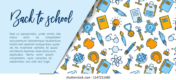 Back to school banner with pattern of school supplies. Welcome back to school brochure. Colorful yellow and blue banner. Learning and education. Vector illustration, eps 10.