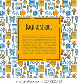 Back to school banner with pattern of school supplies. Welcome back to school brochure. Colorful yellow and blue banner. Learning and education. Vector illustration, eps 10.