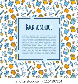 Back to school banner with pattern of school supplies. Welcome back to school brochure. Colorful yellow and blue banner. Learning and education. Vector illustration, eps 10.