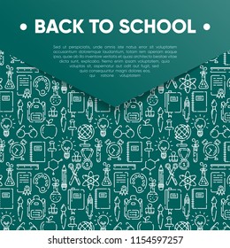 Back to school banner with pattern of school supplies. Welcome back to school brochure. Green chalkboard background. Learning and education. Vector illustration, eps 10.