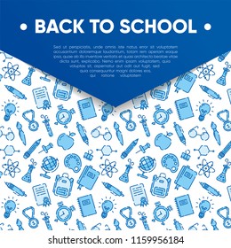 Back to school banner with pattern of school supplies. Welcome back to school brochure. Colorful navy and blue banner. Learning and education. Vector illustration, eps 10.