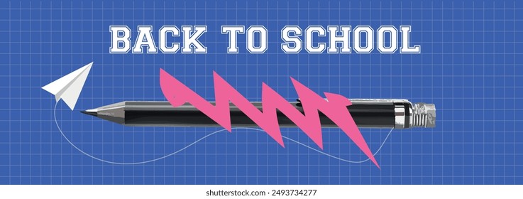 Back to school banner with pencil, paper plane, and abstract shapes on blue checkered background.  Trendy halftone pencil collage of learning, knowledge, school. 