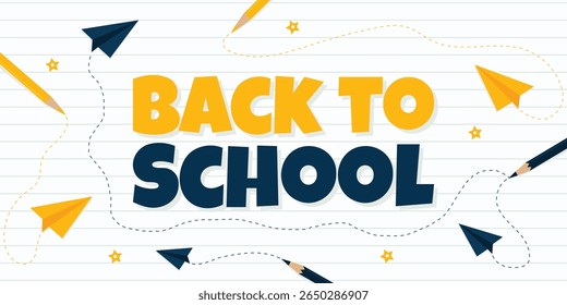 Back to School Banner with Pencils and Paper Planes on Lined Background Vector Illustration.