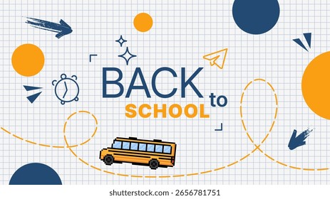 Anuncio de regreso a la escuela con un autobús escolar de píxeles en un fondo de papel gráfico. Concepto de Educación para niños.