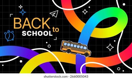 Anuncio de regreso a la escuela con un autobús escolar de píxeles en curvas coloridas que simbolizan el viaje de aprendizaje. Concepto de Educación.