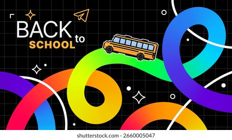 Anuncio de regreso a la escuela con un autobús escolar pixelado en un colorido camino de cinta. Educación y concepto de aprendizaje para la tarjeta de felicitación.