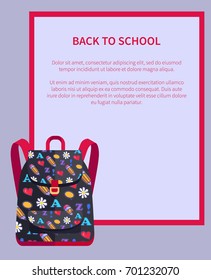 Back to school banner with place for text and backpack made of fabric cloth with red heart, white flower, A-Z letters chat sign with violet handles vector