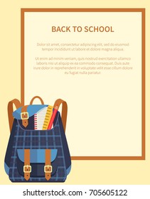 Back to school banner with place for text and dark blue backpack in checkered fabric with stationery accessories pencil, wooden ruler and notebook vector