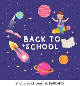 back to school banner with planets and books cartoon. vector illustration