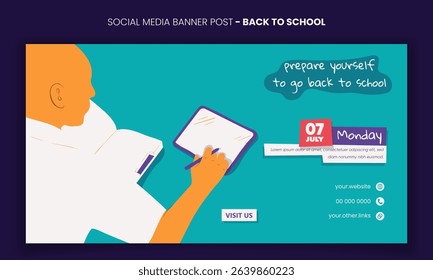 Back to school. Banner post template with illustration of student writing on tablet in flat cartoon design. back to school banner template design