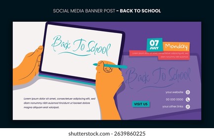Back to school. Banner post template with illustration of writing on tablet in flat cartoon design. back to school banner campaign