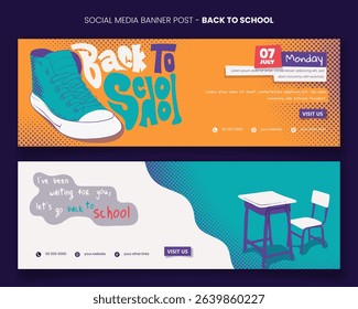 Back to school. banner post template with shoes and study desk design in cartoon flat. back to school banner template design