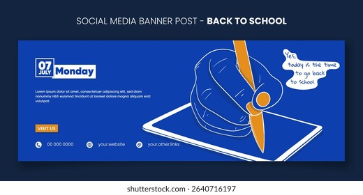 Back to school. Banner post template with hand writing on tablet in blue monochrome background. back to school banner post design