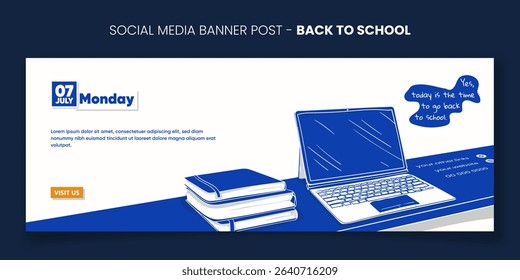 Back to school. Banner post template with cartoon book and laptop in monochrome blue background. Back to school banner post design