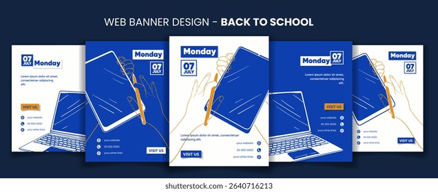 Back to school. Banner post template in blue white monochrome background with cartoon tablet design. Back to school post design