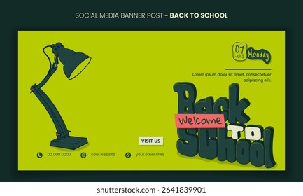 Back to school. Banner post template with desk lamp and 3d typography of back to school. back to school banner template design