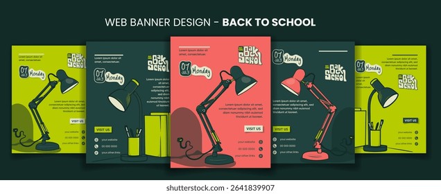 Back to school. Banner post template with cartoon of desk lamp in green background design. back to school banner post template
