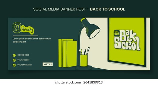 Back to school. Banner post template with cartoon of stationery and desk lamp for back to school campaign. back to school banner post template