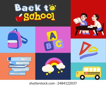 Back to school, banner, poster. Backpack and stationery, stack of books, alarm clock, paper airplanes, a checkered paper with different doodle scientific icons, vector illustration
