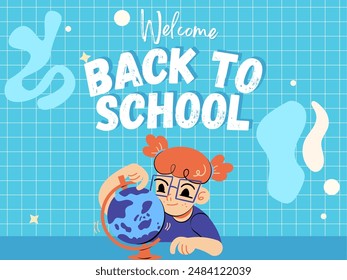 Back to school, banner, poster. Backpack and stationery, stack of books, alarm clock, paper airplanes, a checkered paper with different doodle scientific icons, vector illustration
