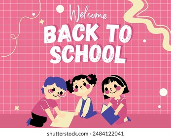 Back to school, banner, poster. Backpack and stationery, stack of books, alarm clock, paper airplanes, a checkered paper with different doodle scientific icons, vector illustration
