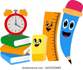 Regreso a la escuela, Anuncio, cartel. Mochila y papelería, pila de libros y despertador