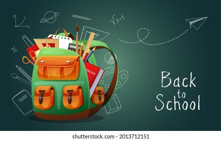 Back to school banner, poster. School bag with school supplies on the background of a chalkboard with different scientific icons. Vector illustration