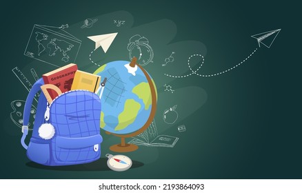 Back to school banner, poster. School bag with school supplies, globe, compass on background of chalkboard with different scientific icons. Vector illustration