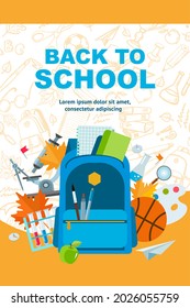 Back to school banner, poster card design with school backpack and supplies. Vector illustration