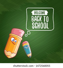 Back to school banner or poster with cartoon funky pencil and hand drawn doodle text label on green chalkboard texture backdrop. Vector back to school background with cartoon school supplies