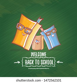 Back to school banner or poster with cartoon funky book and hand drawn doodle text label on green chalkboard texture backdrop. Vector back to school background with cartoon school supplies