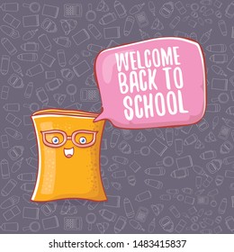 Back to school banner or poster with cartoon funky book and hand drawn doodle text label on grey doodle pattern background. Vector back to school background with cartoon school supplies