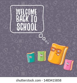 Back to school banner or poster with cartoon funky book and hand drawn doodle text label on grey doodle pattern background. Vector back to school background with cartoon school supplies
