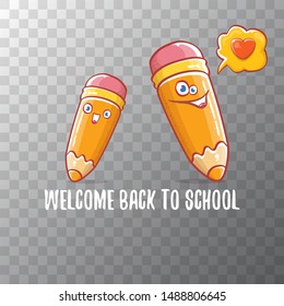 Back to school banner or poster with cartoon funky pencil and hand drawn doodle text label isolated on transparent background. Vector back to school background with cartoon school supplies