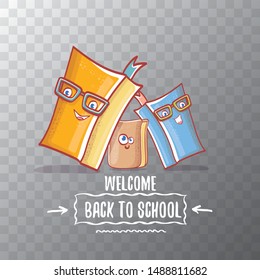 Back to school banner or poster with cartoon funky book and hand drawn doodle text label isolated on transparent background. Vector back to school background with cartoon school supplies