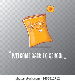 Back to school banner or poster with cartoon funky book and hand drawn doodle text label isolated on transparent background. Vector back to school background with cartoon school supplies