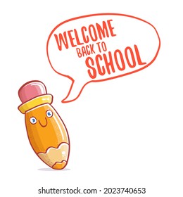 Zurück zu Schulbanner oder Plakat mit Cartoon Funky Stift und handgezeichnet doodle Text-Etikett einzeln auf weißem Hintergrund. Vektorgrafik auf Schulhintergrund mit Cartographie-Schulmaterial