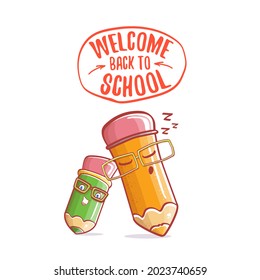 Back to school banner or poster with cartoon funky pencil and hand drawn doodle text label isolated on white backdrop. Vector back to school background with cartoon school supplies