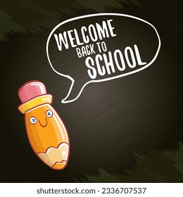 De vuelta a la escuela, pancarta o afiche con lápiz funky de caricatura y etiqueta de texto de doodle dibujada a mano en el fondo de la textura de pizarra negra. Vector de vuelta a la escuela con material escolar de dibujos animados
